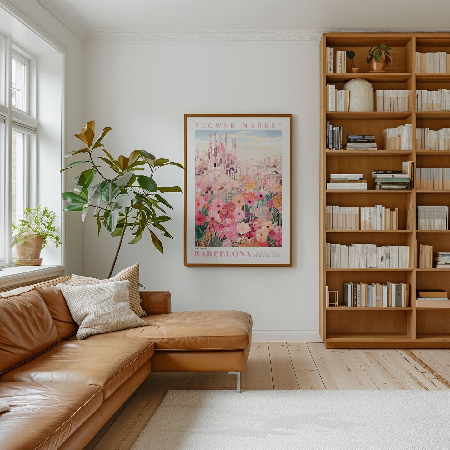 a cozy living room with a large window, a comfortable leather sofa, a wooden bookshelf filled with books, and a framed poster of a cityscape hanging on the wall.