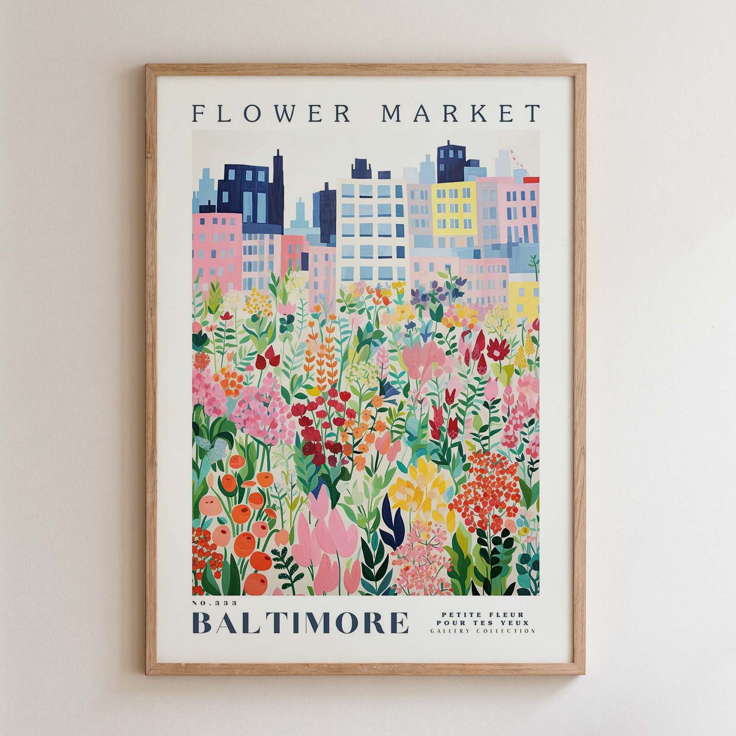 The image is a framed poster depicting a colorful cityscape with a variety of flowers and plants in the foreground.