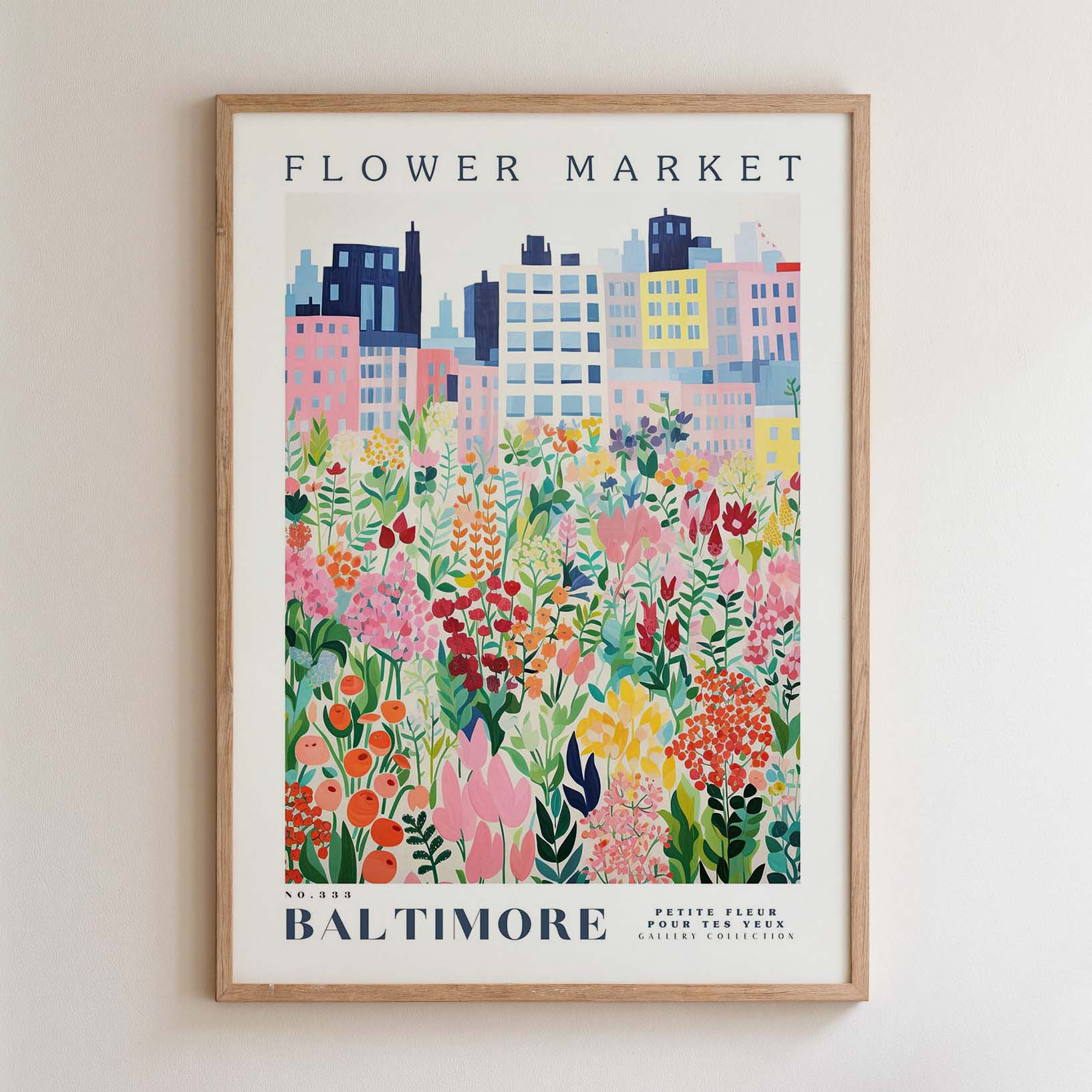 The image is a framed poster depicting a colorful cityscape with a variety of flowers and plants in the foreground.