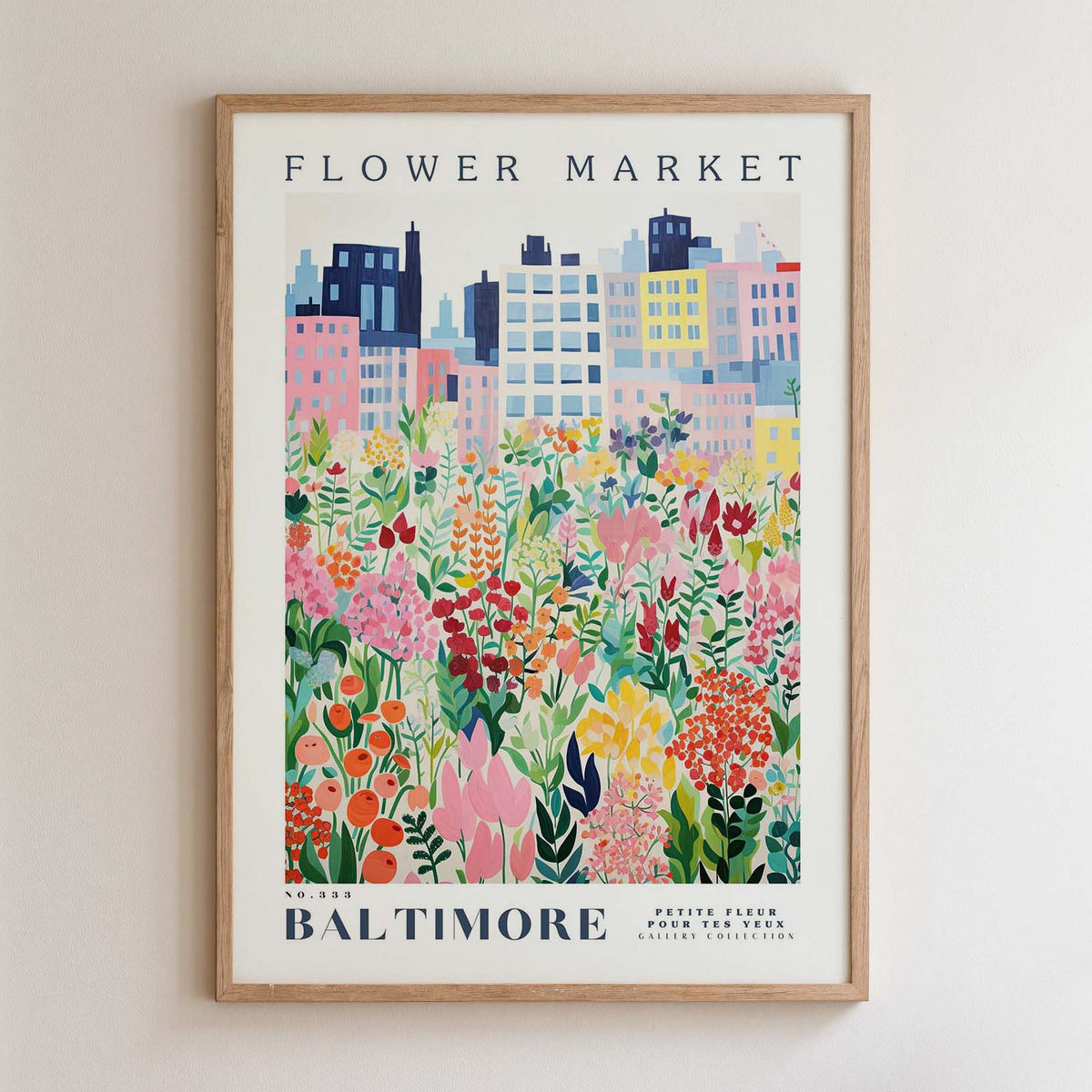 The image is a framed poster depicting a colorful cityscape with a variety of flowers and plants in the foreground.