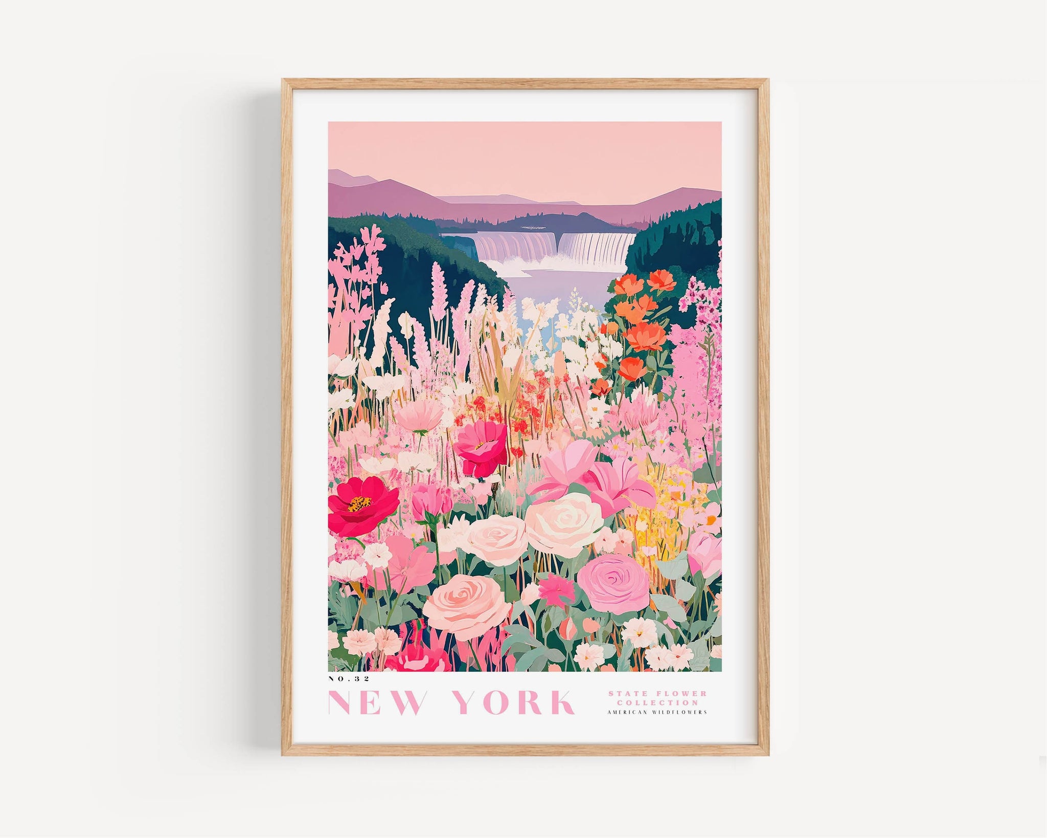 A framed poster depicting a vibrant, colorful garden filled with various flowers and plants, set against a scenic landscape with mountains in the background.