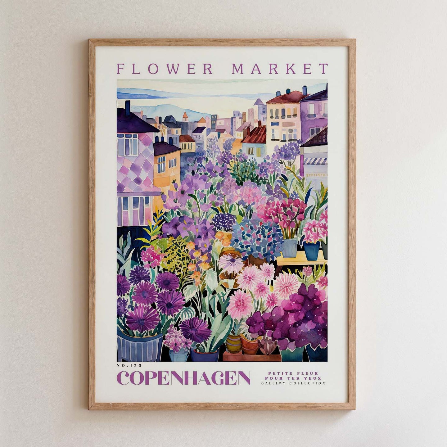 The image is a framed poster depicting a vibrant and colorful flower market in Copenhagen, Denmark.
