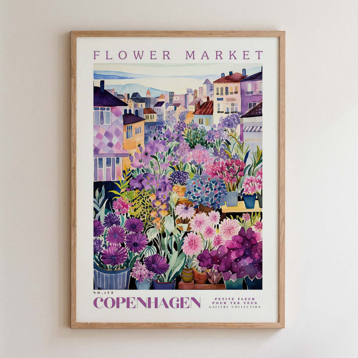 The image is a framed poster depicting a vibrant and colorful flower market in Copenhagen, Denmark.