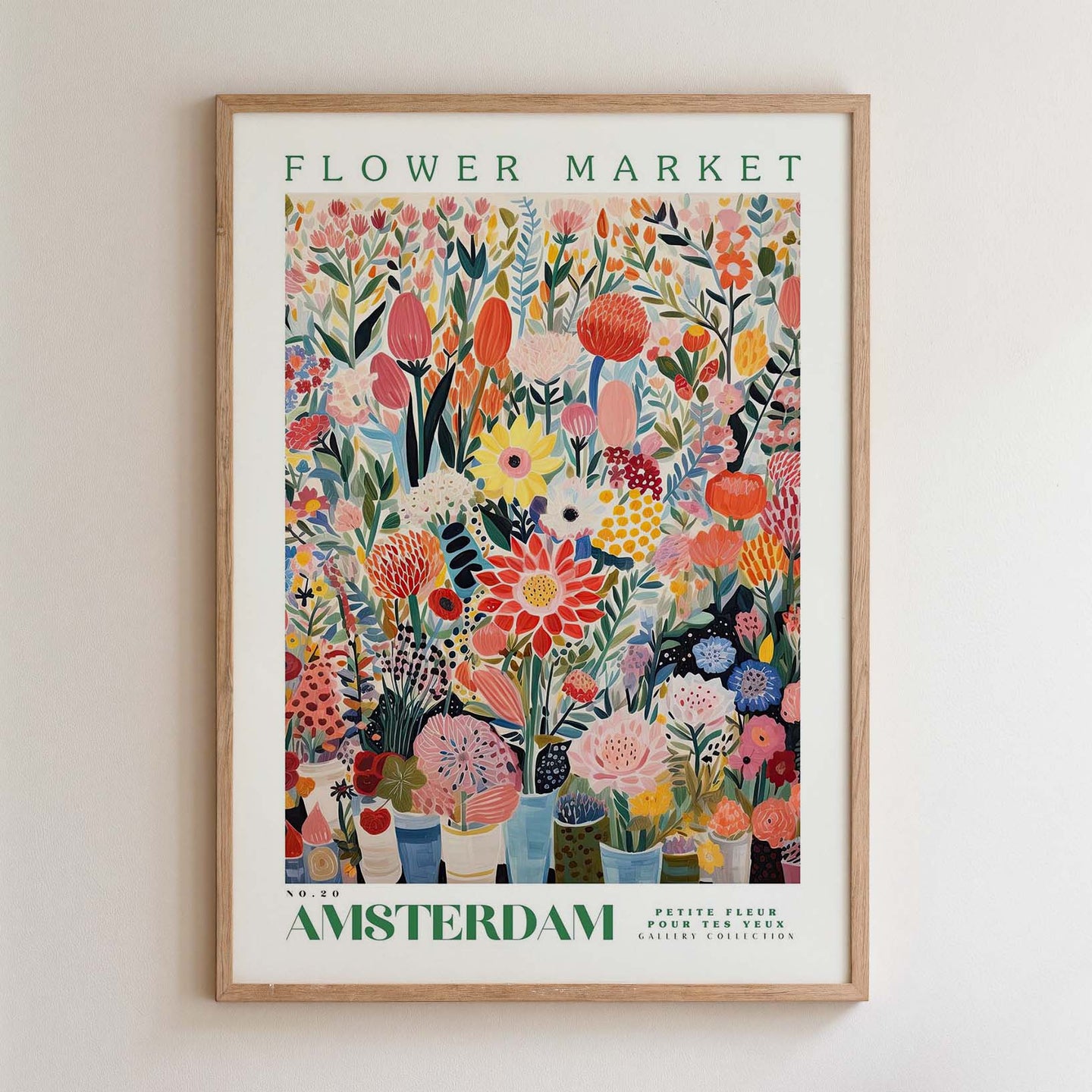 The image is a framed poster depicting a vibrant and colorful flower market in Amsterdam.