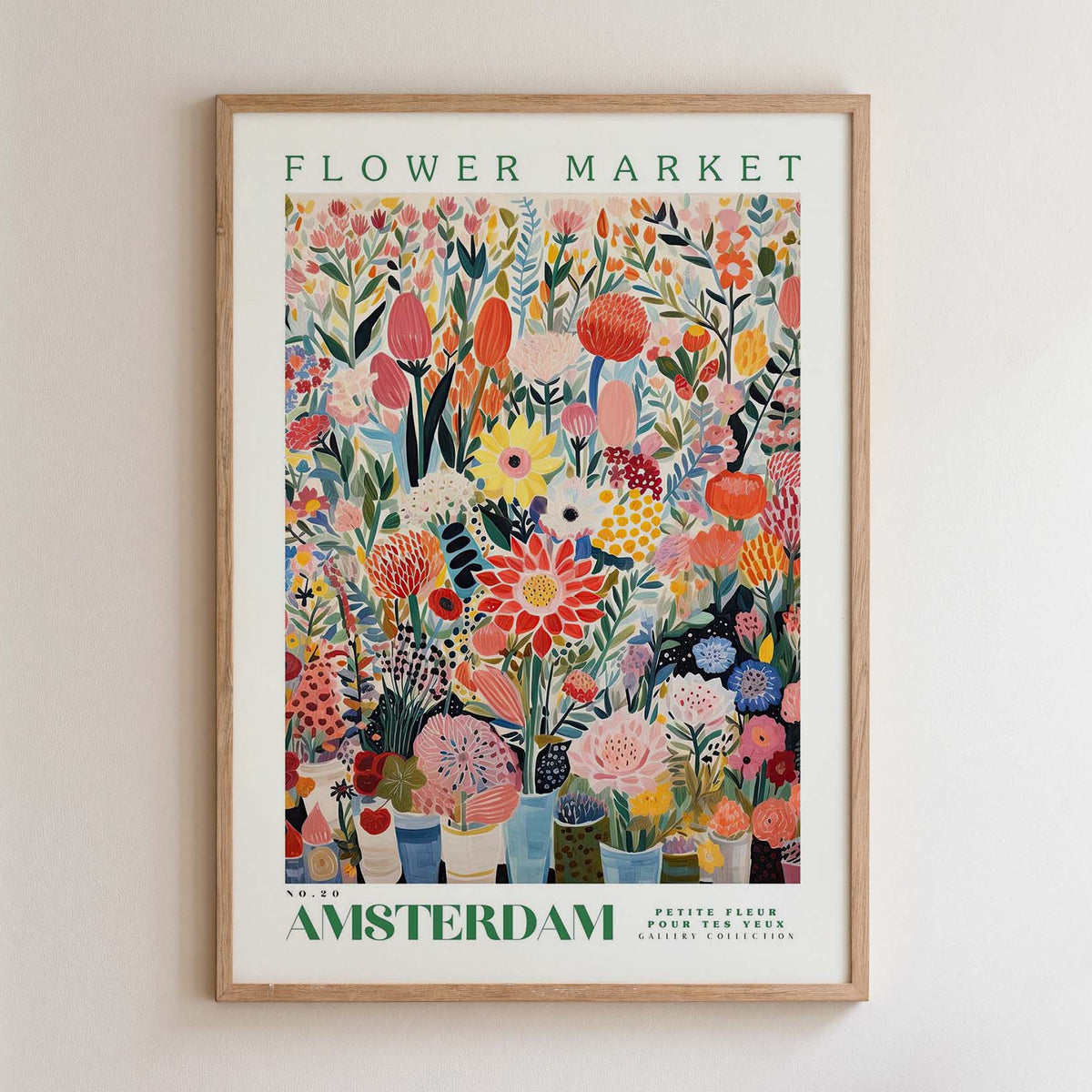 The image is a framed poster depicting a vibrant and colorful flower market in Amsterdam.