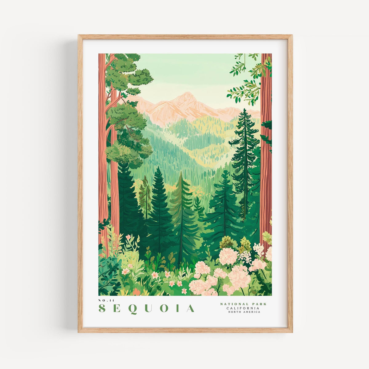 The image is a framed poster depicting a lush, green forest with tall trees and a mountain range in the background.