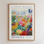 The image is a framed poster depicting a vibrant and colorful flower market in Honolulu, Hawaii.
