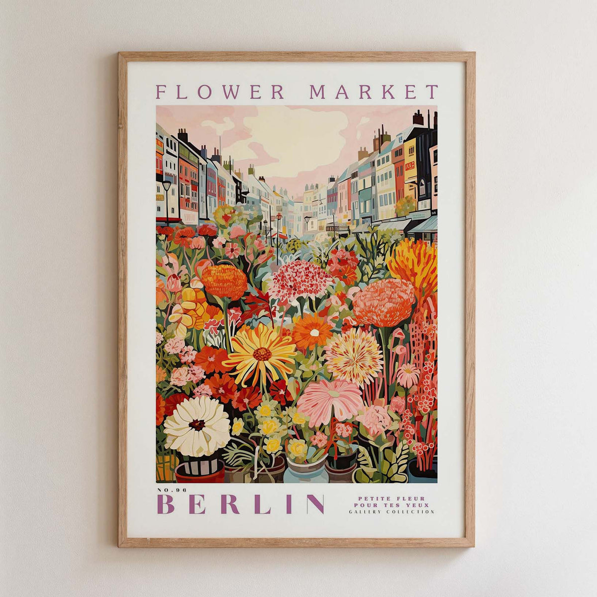 The image is a framed poster depicting a vibrant and colorful flower market in Berlin, Germany.