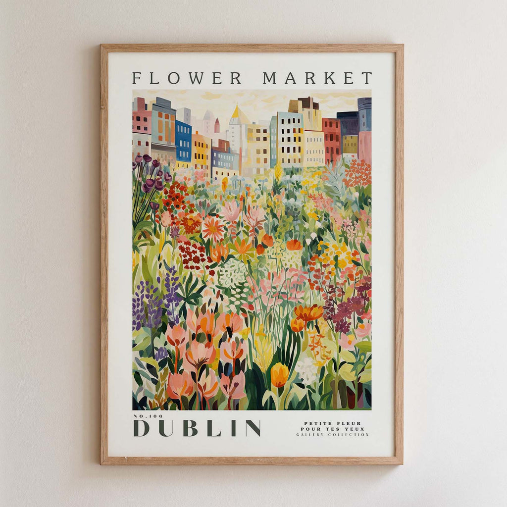 The image is a framed poster depicting a vibrant and colorful flower market in Dublin, Ireland.