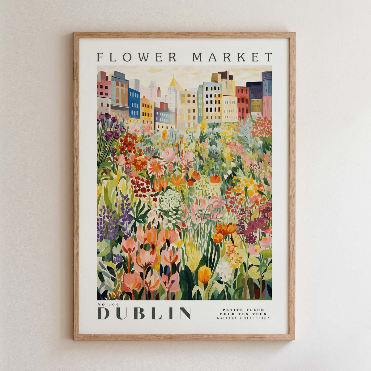 The image is a framed poster depicting a vibrant and colorful flower market in Dublin, Ireland.