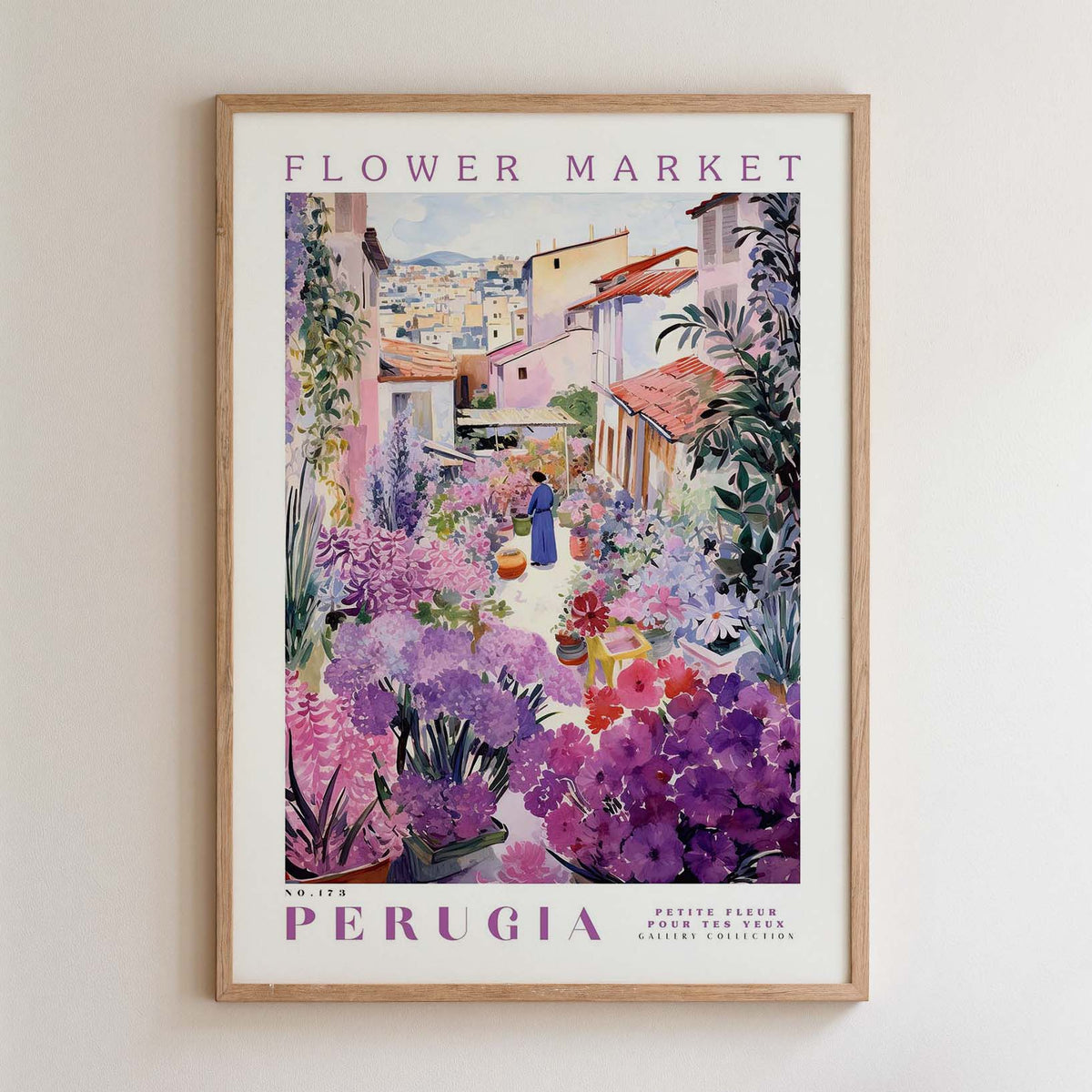The image is a framed poster depicting a vibrant flower market in Perugia, Italy. The poster showcases a variety of colorful flowers and plants, with a person walking through the market. The text on the poster reads "FLOWER MARKET" and "PERUGIA", indicating the location and the name of the market.