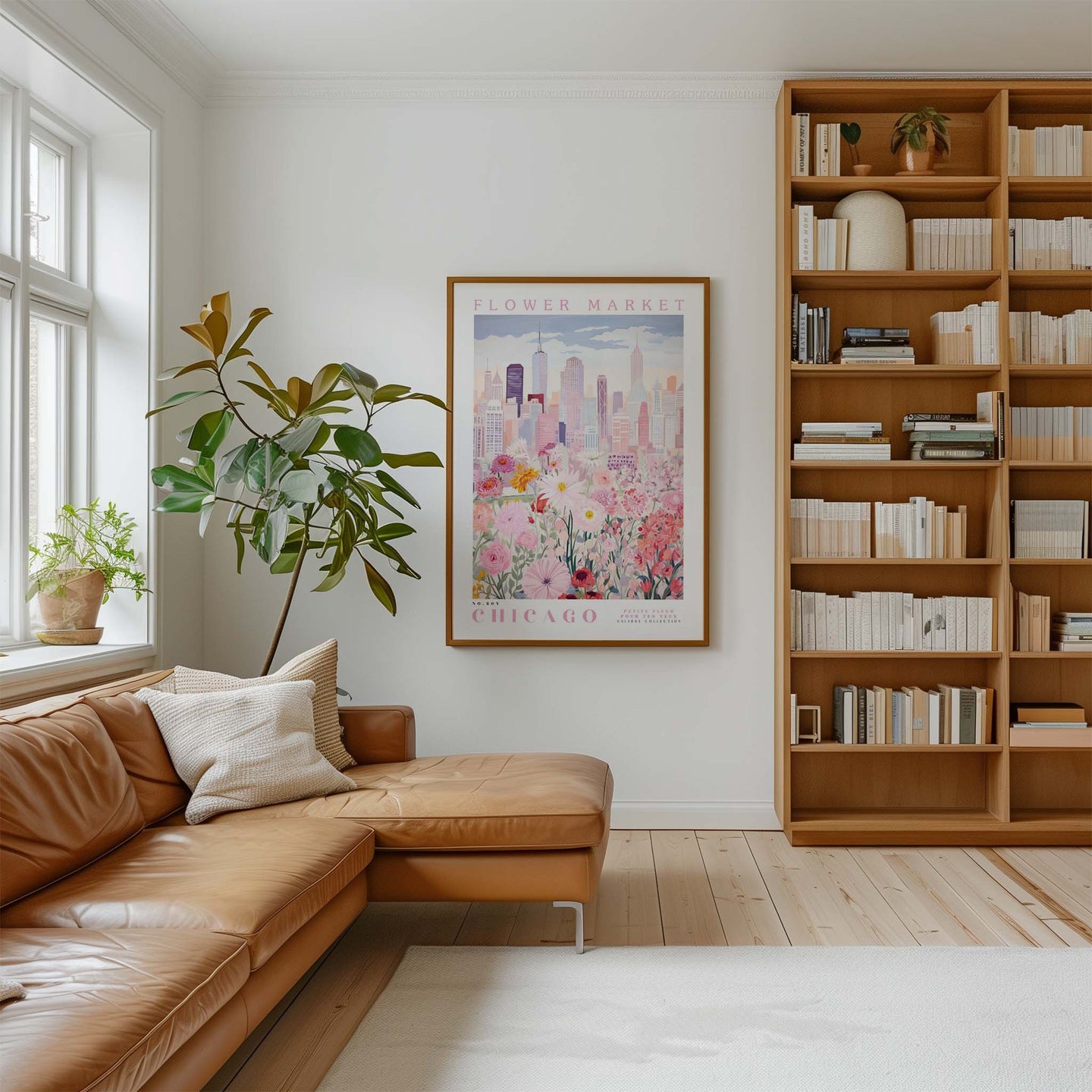 a cozy living room with a large window, a comfortable leather couch, a bookshelf filled with books, and a framed poster of a city skyline hanging on the wall.