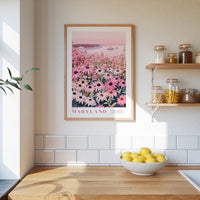 a framed poster of a field of flowers, a wooden counter with a bowl of lemons, and shelves displaying various jars and containers.