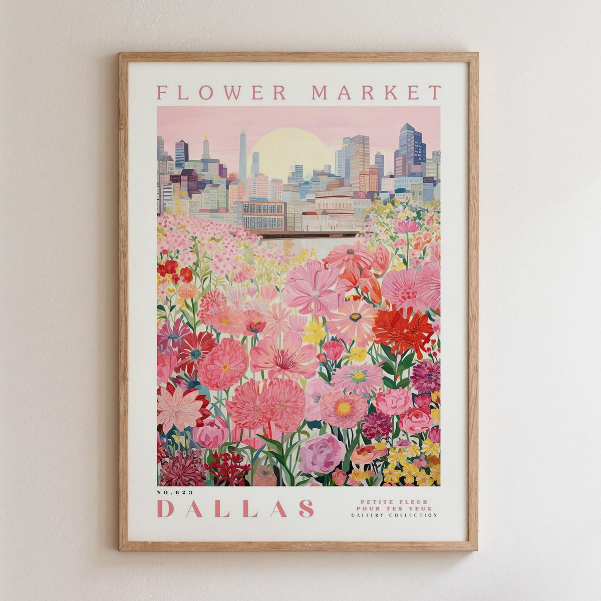 The image is a framed poster depicting a cityscape with a field of colorful flowers in the foreground.