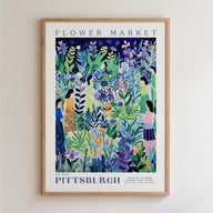 The image is a framed poster depicting a vibrant and colorful floral scene, with various flowers, leaves, and people in the background.