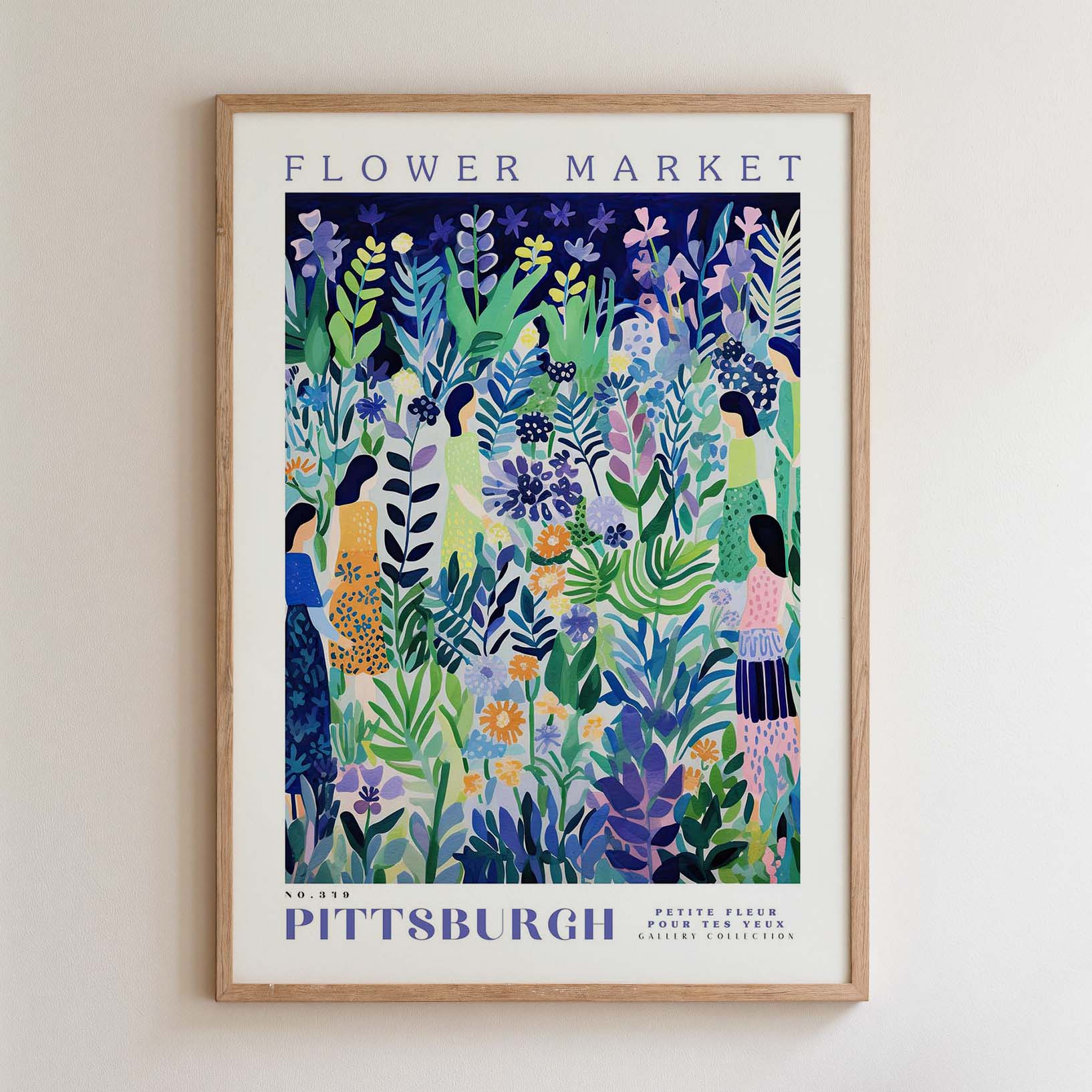 The image is a framed poster depicting a vibrant and colorful floral scene, with various flowers, leaves, and people in the background.