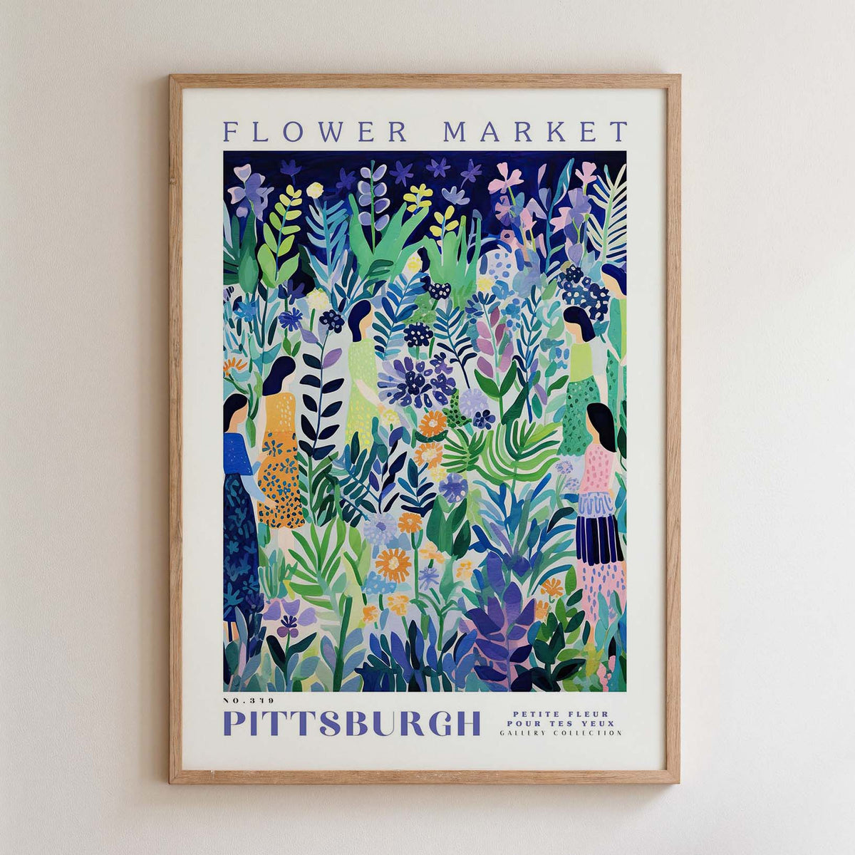 The image is a framed poster depicting a vibrant and colorful floral scene, with various flowers, leaves, and people in the background.