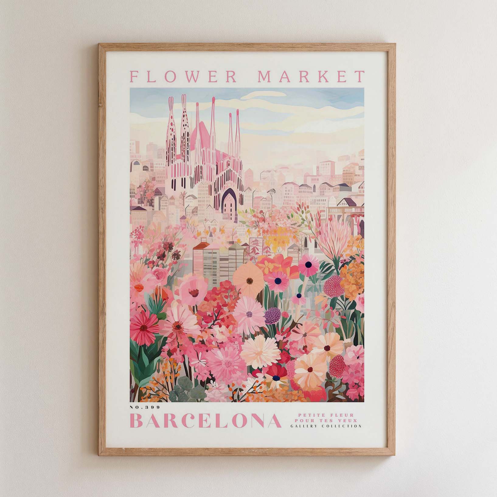 The image is a framed poster depicting a cityscape with a large cathedral in the background, surrounded by a colorful array of flowers.