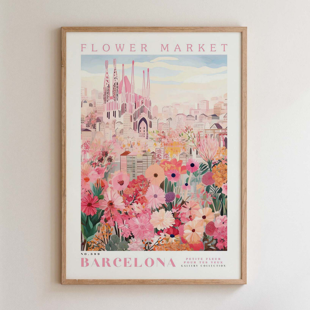 The image is a framed poster depicting a cityscape with a large cathedral in the background, surrounded by a colorful array of flowers.