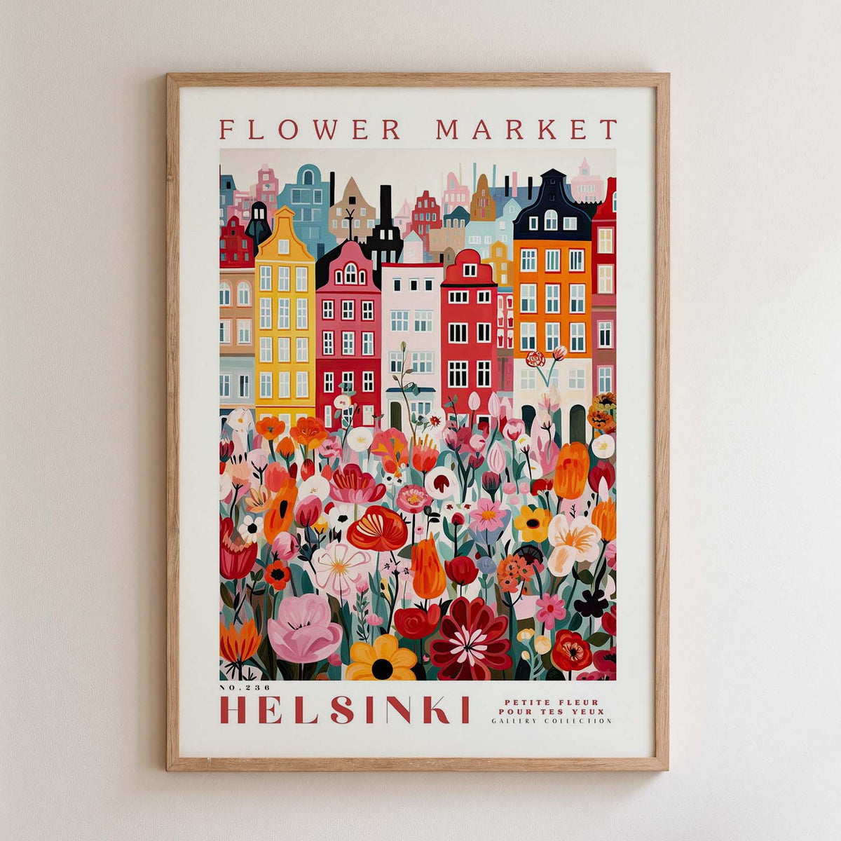 The image is a framed poster depicting a colorful and vibrant cityscape with a variety of flowers and buildings.