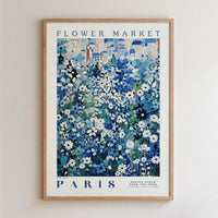 The image is a framed poster depicting a flower market in Paris.