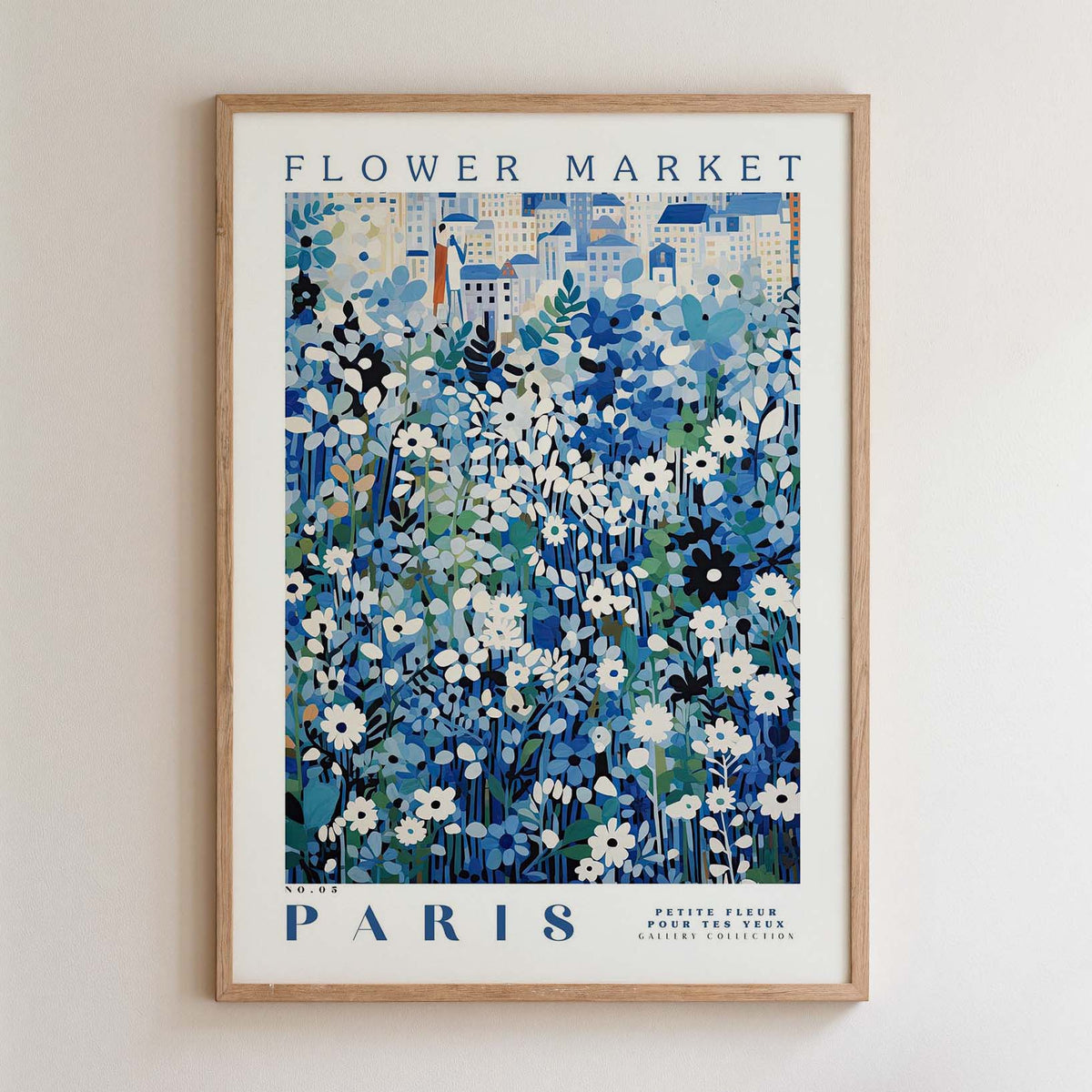 The image is a framed poster depicting a flower market in Paris.