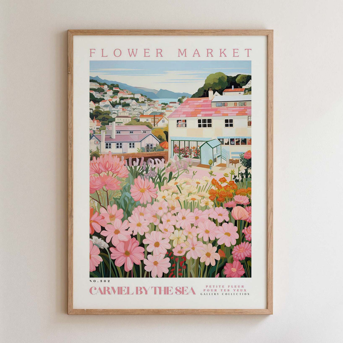 The image is a framed poster depicting a flower market in a coastal town, with colorful flowers and buildings in the background.