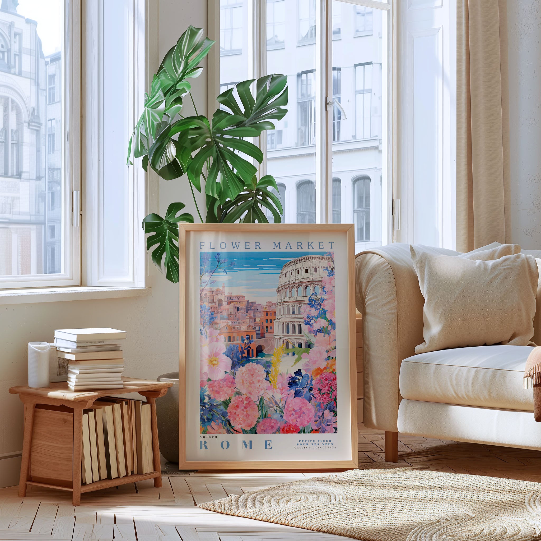 a framed poster of the "Flower Market" in Rome, with a view of the Colosseum and the Piazza San Marco, surrounded by a cozy living room setting with a bookshelf, a sofa, and a large window.