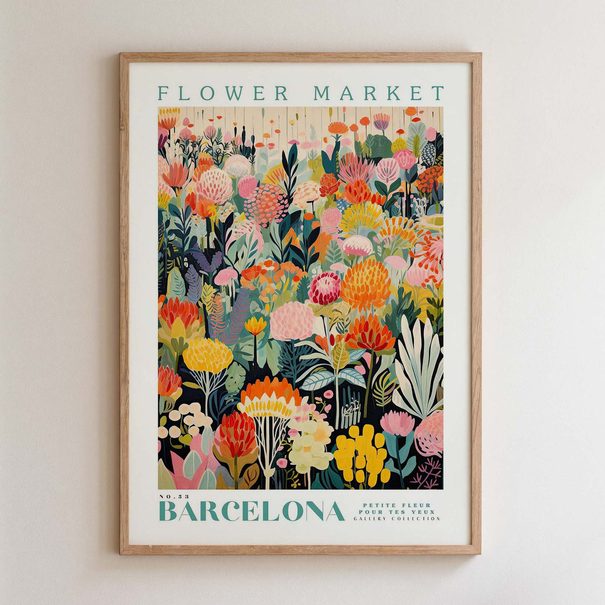 The image is a framed poster depicting a vibrant and colorful floral market in Barcelona, Spain.