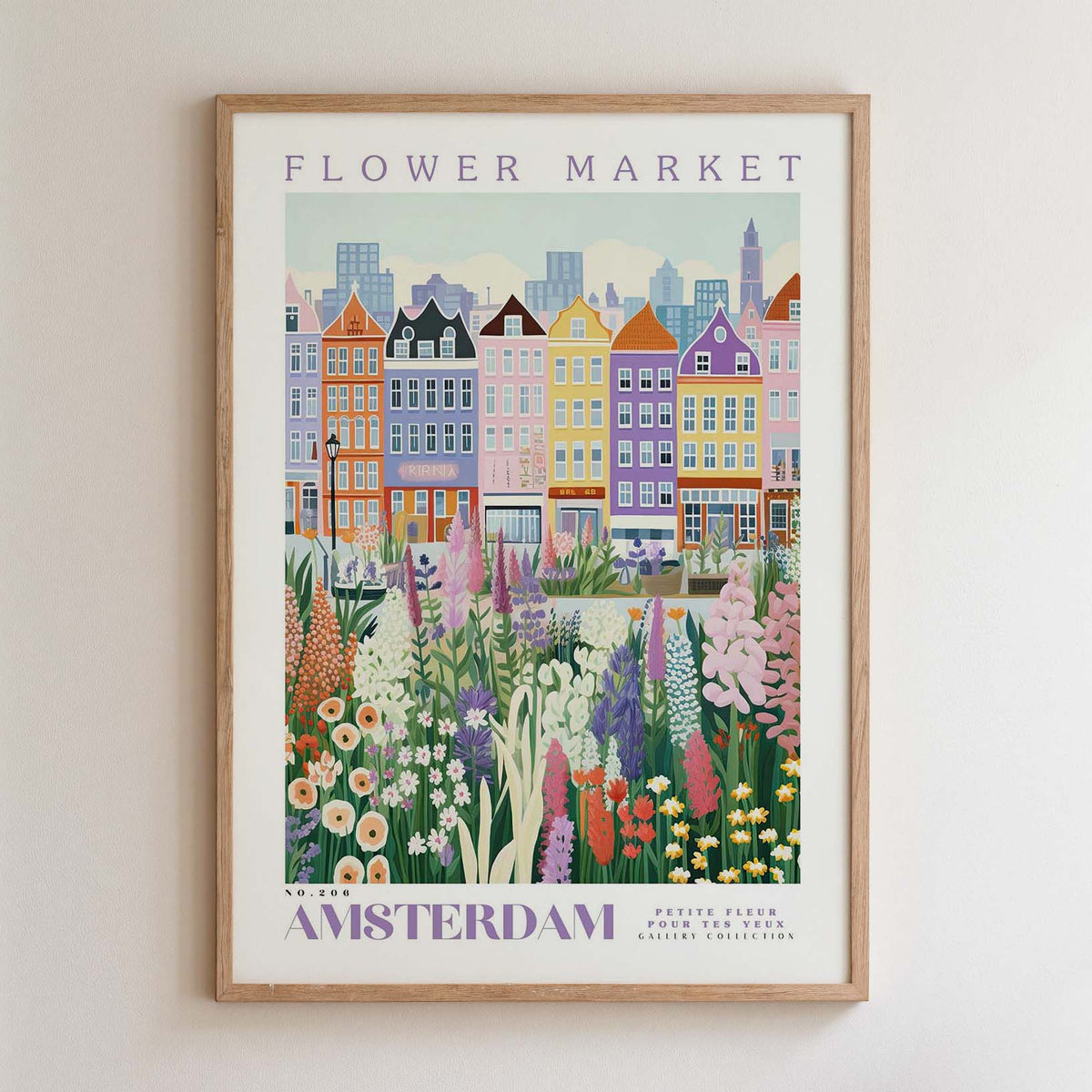 The image is a framed poster depicting a colorful and vibrant flower market in Amsterdam, with a variety of flowers and plants in the foreground and a cityscape in the background.