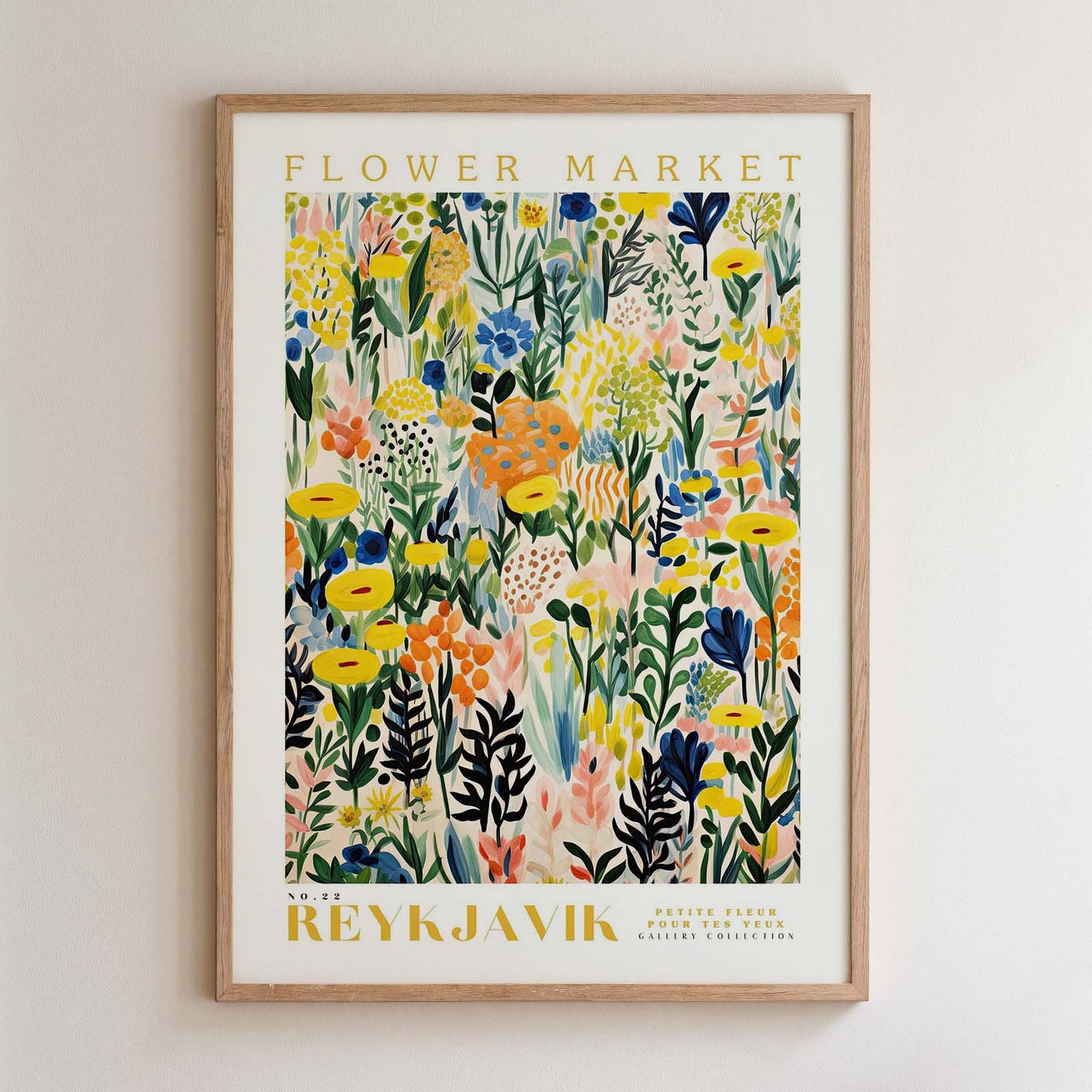 The image is a framed poster or print featuring a vibrant, colorful floral pattern with various types of flowers and foliage.