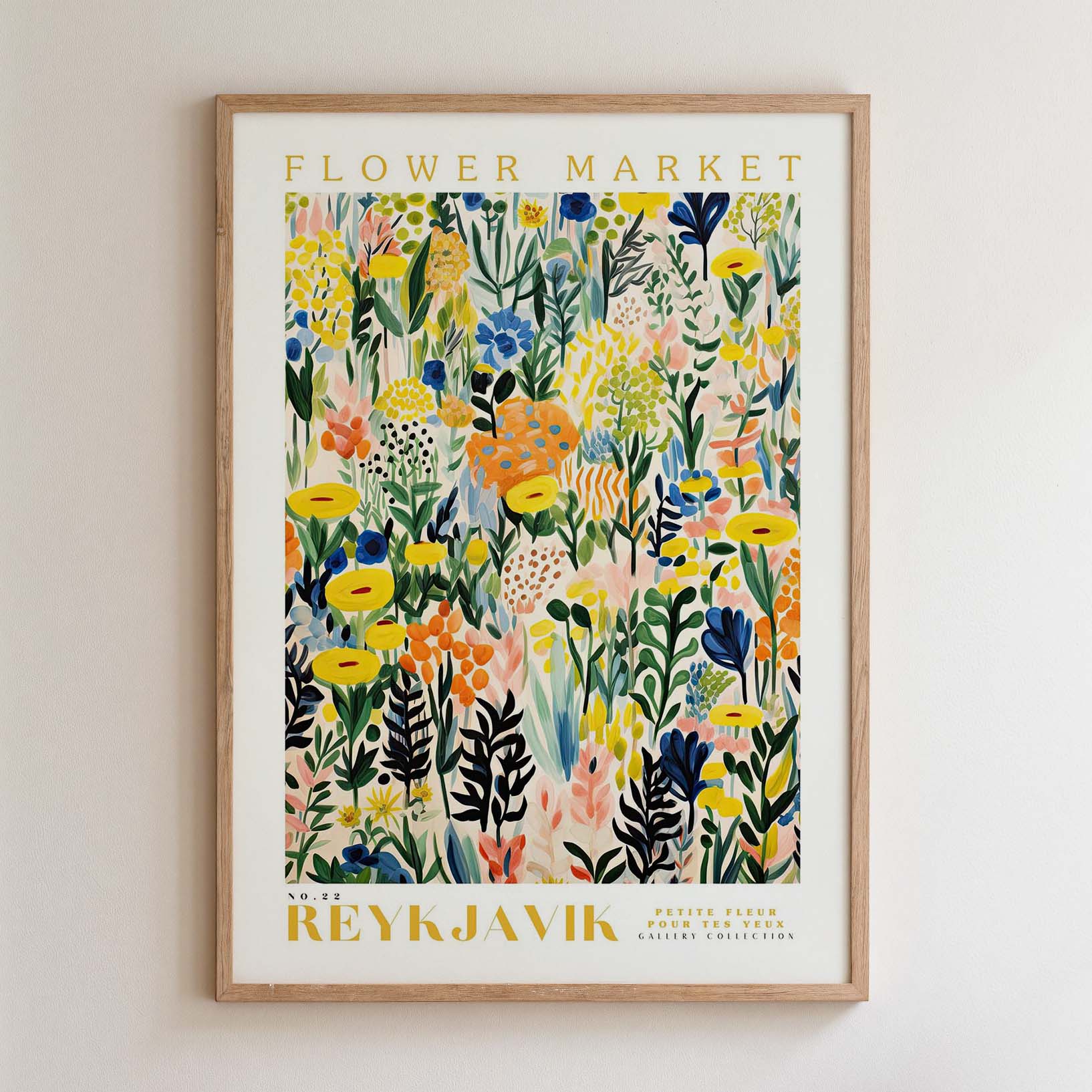 The image is a framed poster or print featuring a vibrant, colorful floral pattern with various types of flowers and foliage.