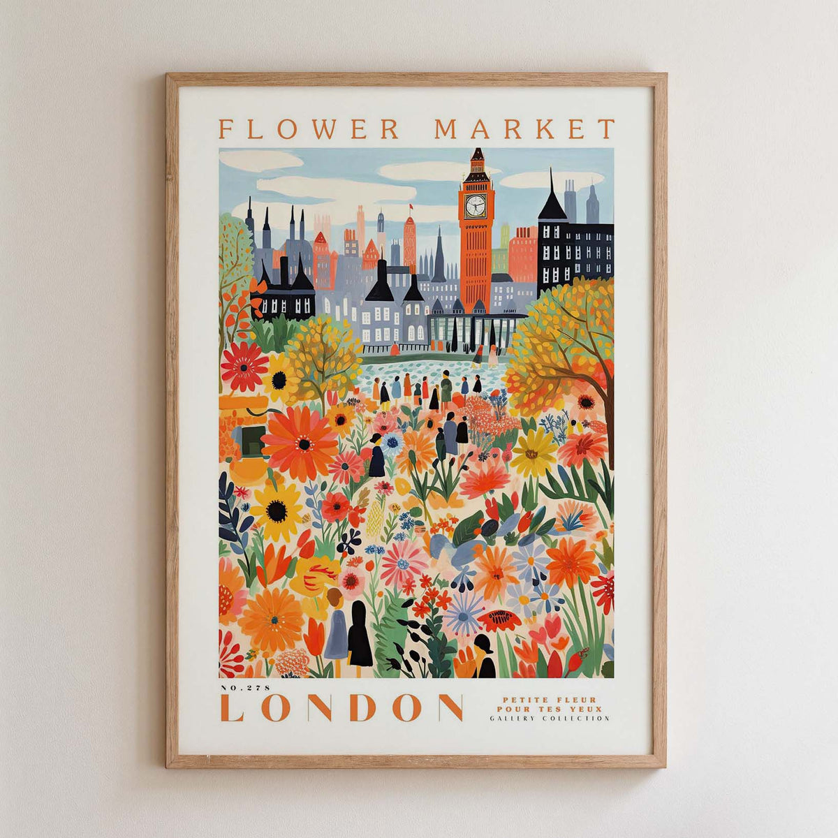 The image is a framed poster depicting a vibrant and colorful scene of a flower market in London.