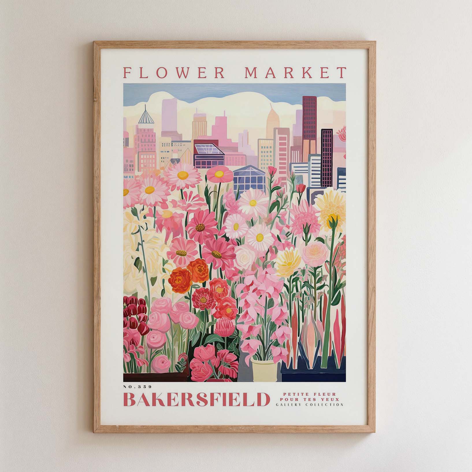 The image is a framed poster advertising a flower market in New York City. It features a vibrant illustration of a flower market with various types of flowers and plants, set against the backdrop of a city skyline.