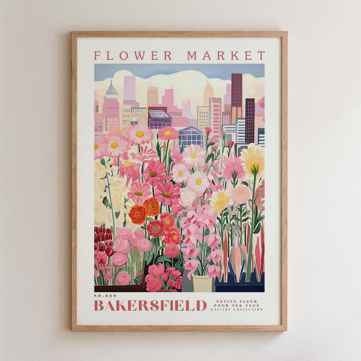 The image is a framed poster advertising a flower market in New York City. It features a vibrant illustration of a flower market with various types of flowers and plants, set against the backdrop of a city skyline.