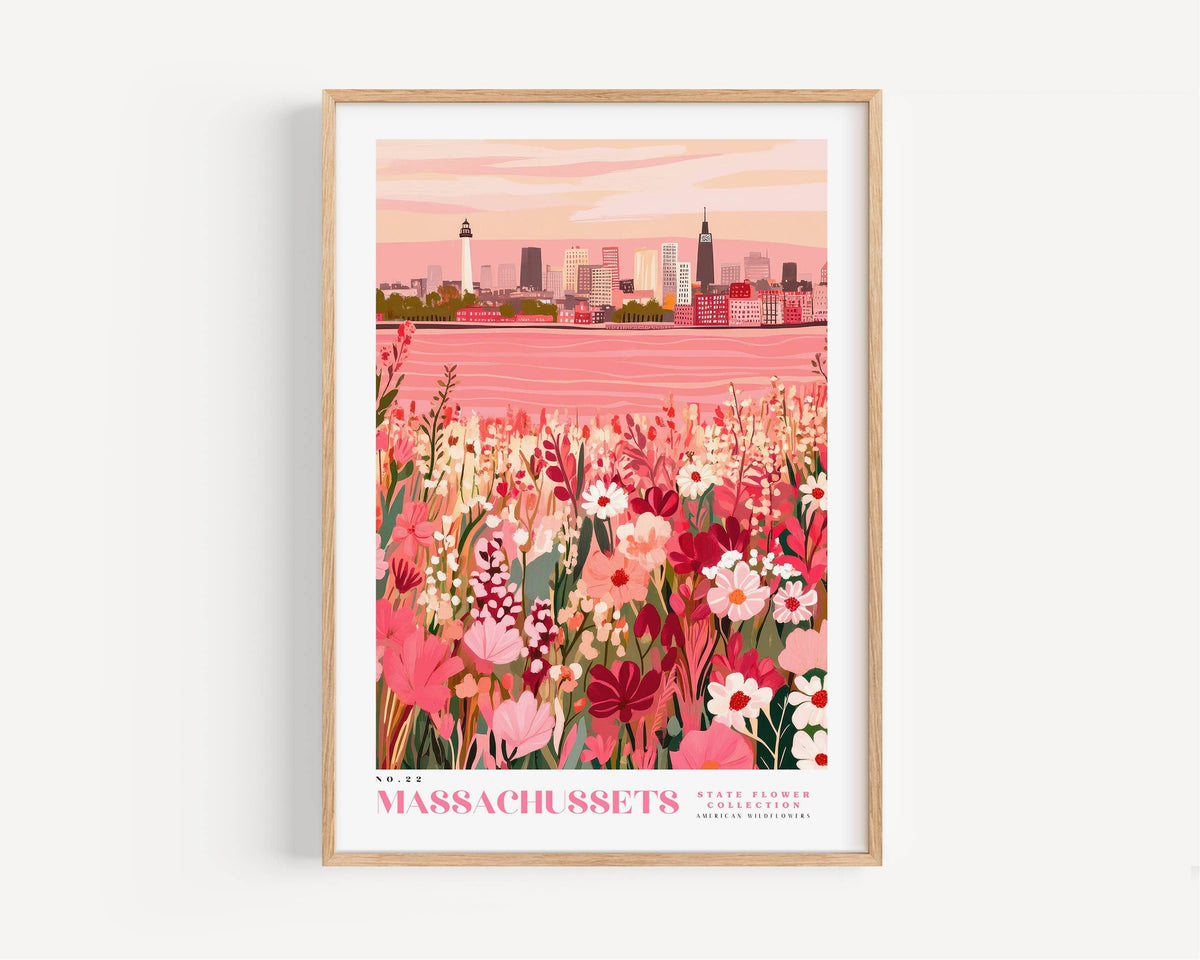 The image is a framed poster depicting a cityscape with a field of flowers in the foreground.