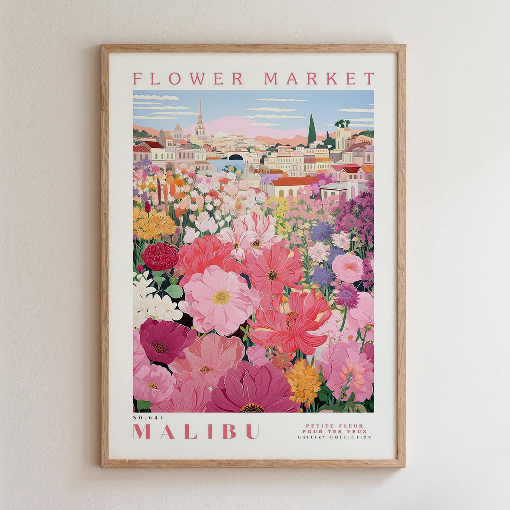 The image is a framed poster depicting a vibrant and colorful flower market in Malibu, California.