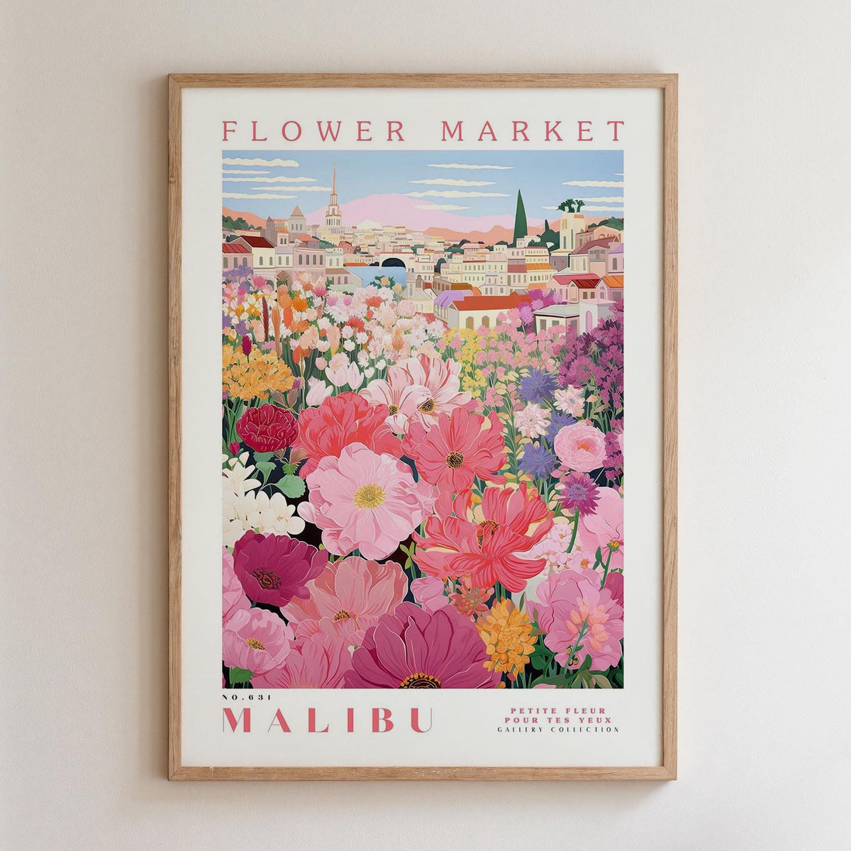 The image is a framed poster depicting a vibrant and colorful flower market in Malibu, California.
