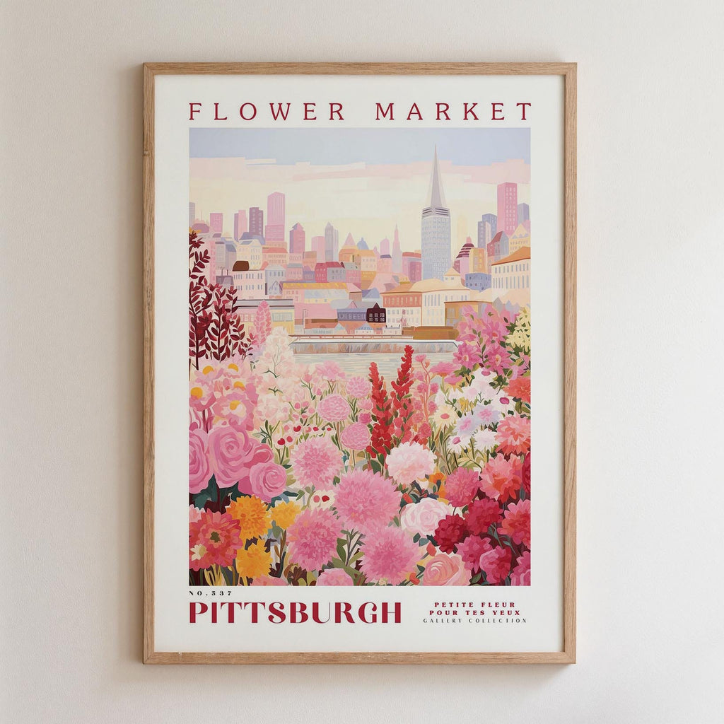 A framed poster depicting a vibrant flower market in Pittsburgh, Pennsylvania.
