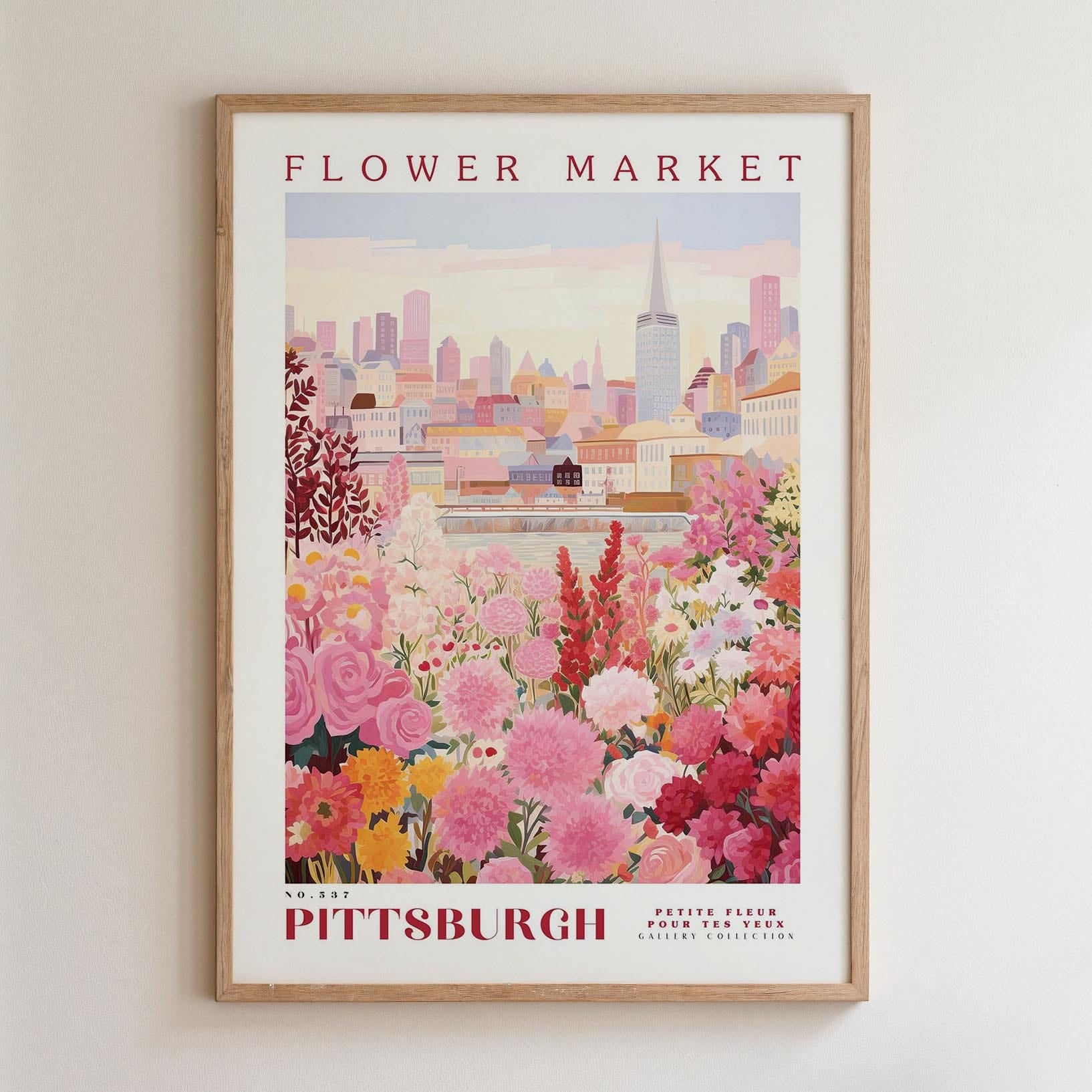 A framed poster depicting a vibrant flower market in Pittsburgh, Pennsylvania.