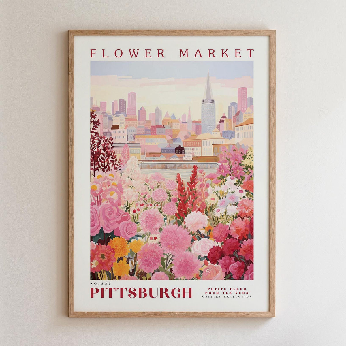 A framed poster depicting a vibrant flower market in Pittsburgh, Pennsylvania.