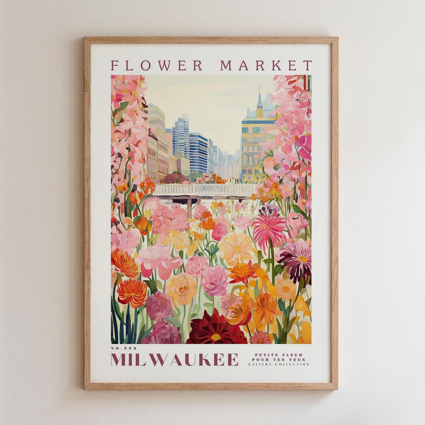 The image is a framed poster depicting a vibrant and colorful flower market in Milwaukee, Wisconsin.