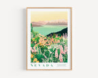 The image is a framed poster depicting a scenic landscape of mountains, a lake, and a field of colorful wildflowers.