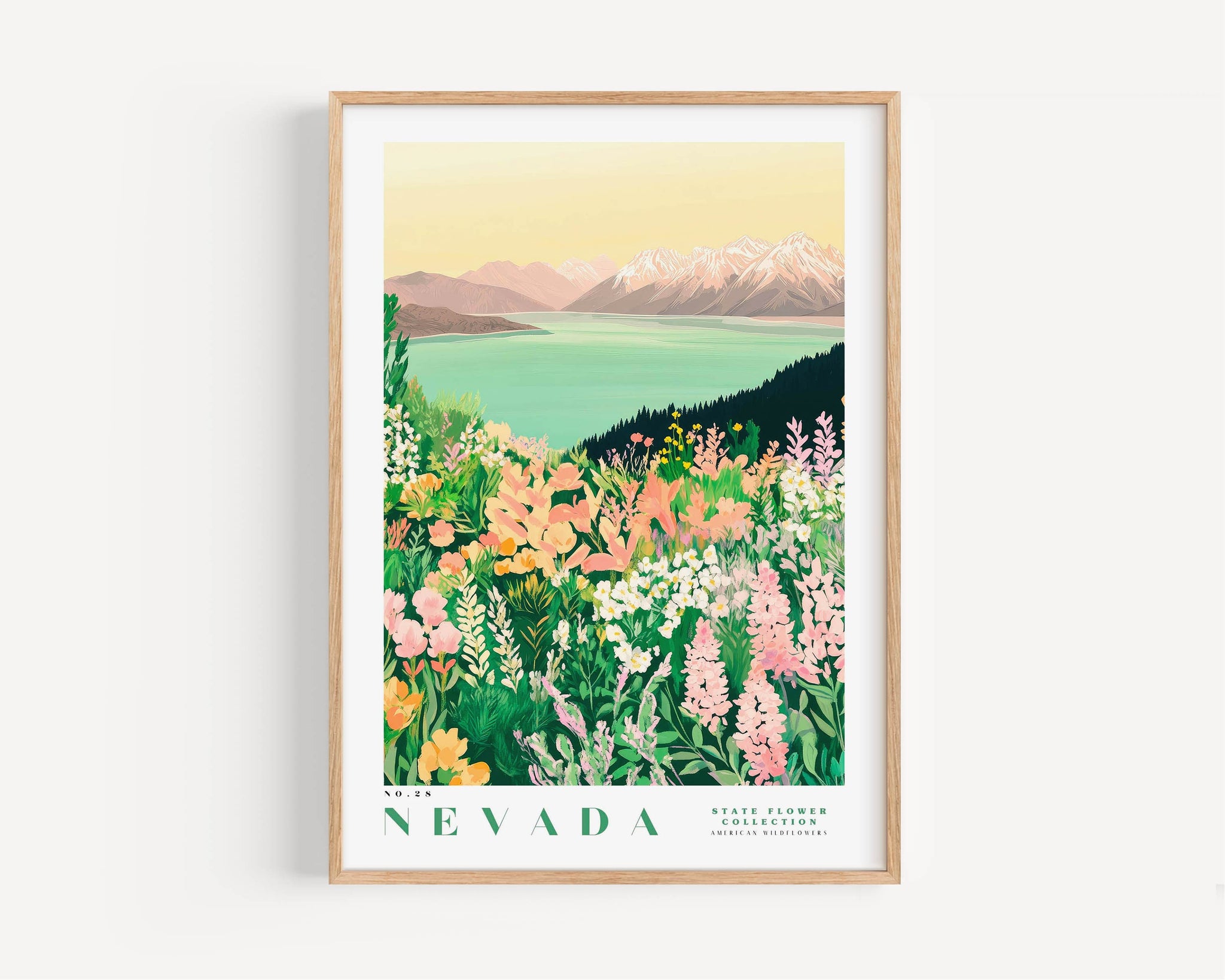 The image is a framed poster depicting a scenic landscape of mountains, a lake, and a field of colorful wildflowers.