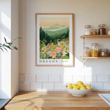 a framed poster of a mountain landscape with flowers hanging on a wall above a wooden countertop with a bowl of lemons.