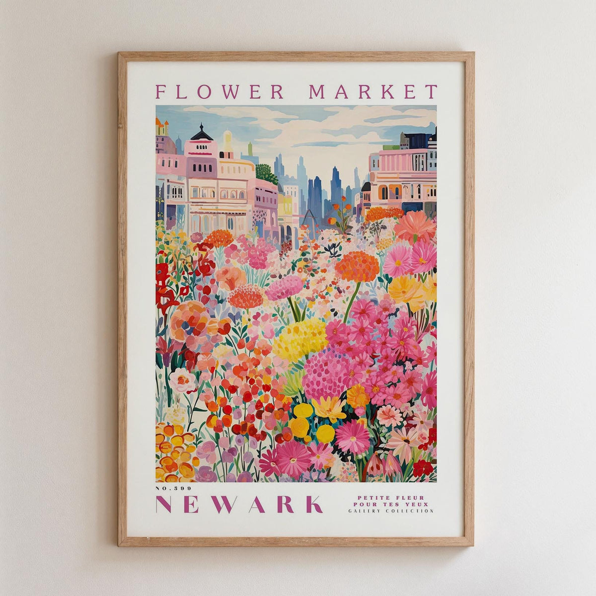 The image is a framed poster depicting a vibrant and colorful flower market in Newark, with a variety of flowers and buildings in the background.