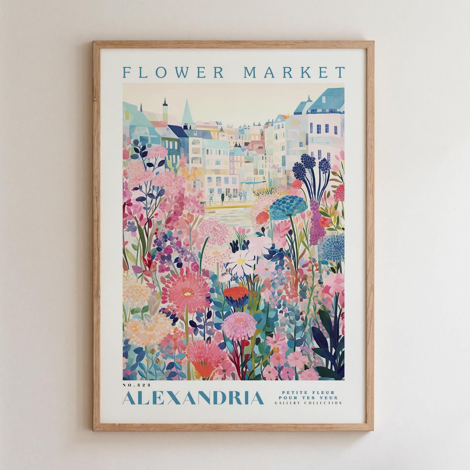 The image is a framed poster depicting a colorful and vibrant flower market in a city, with various flowers and plants in different shades of pink, blue, and green.
