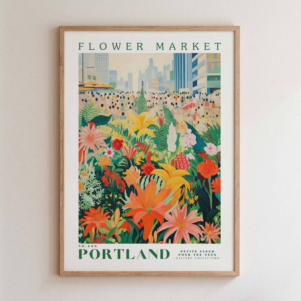 The image is a framed poster depicting a vibrant and colorful flower market in Portland, Oregon.
