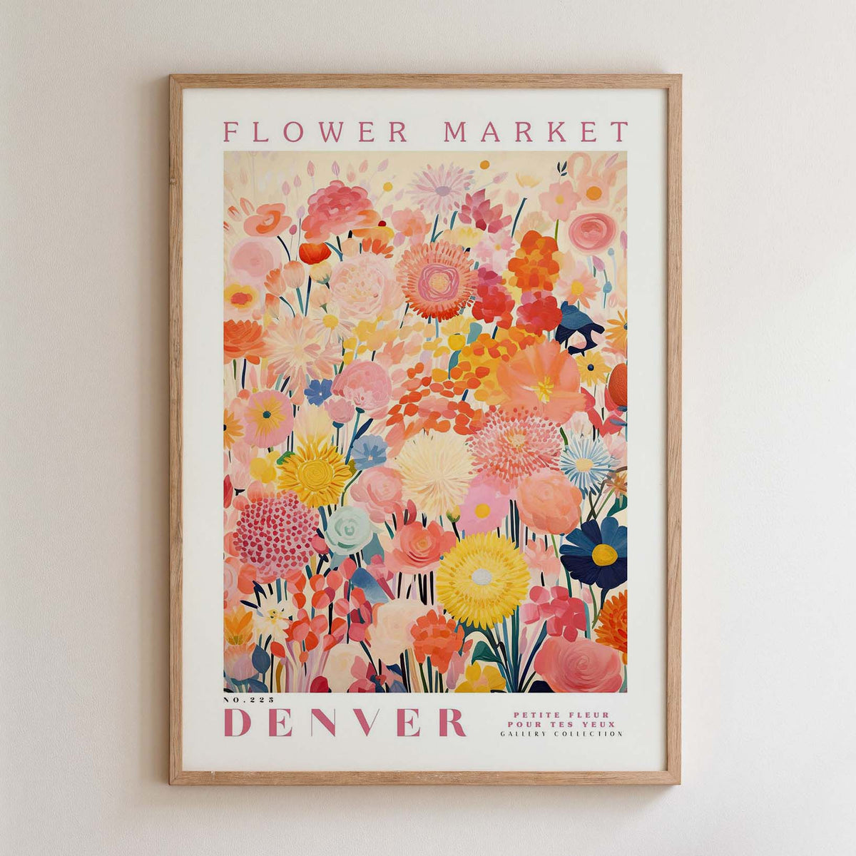 The image is a framed poster of a vibrant floral arrangement, featuring a variety of colorful flowers and plants.