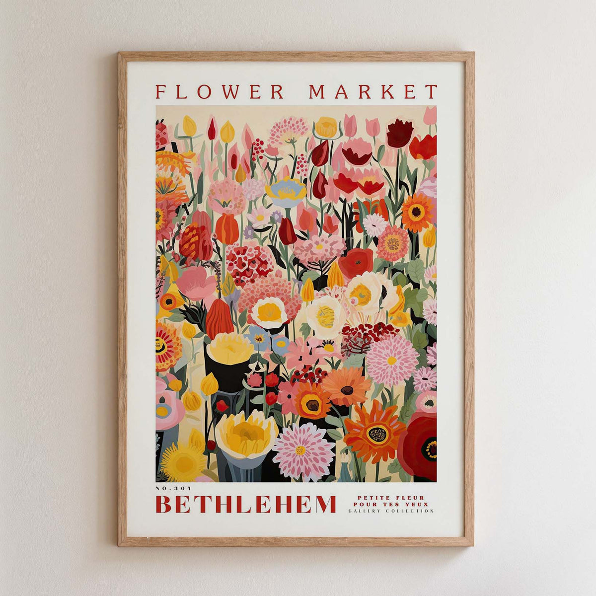 The image is a framed poster advertising a flower market.